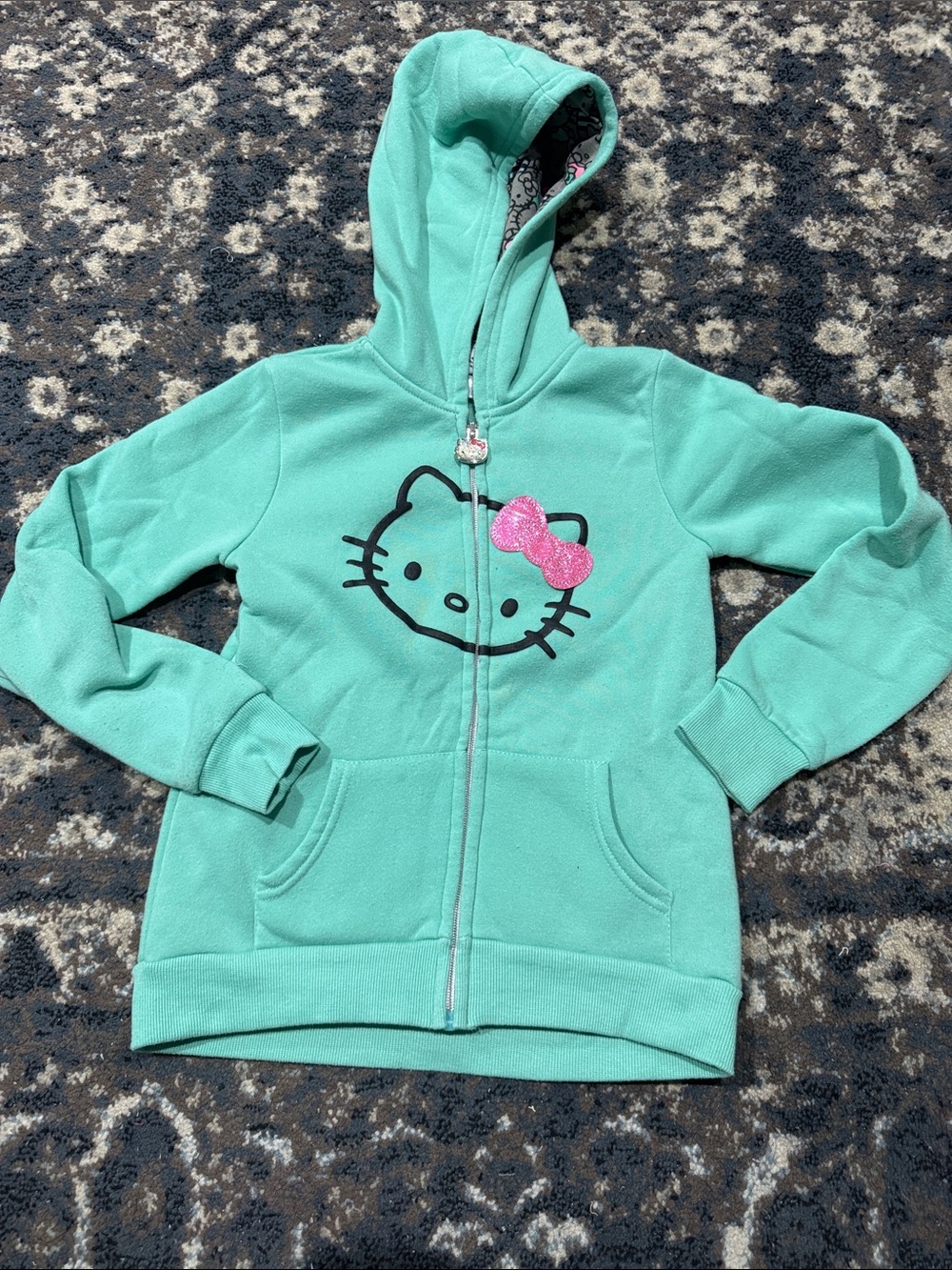 Hello Kitty Mint Green Zip-Up Hoodie with Pink Glitter Bow